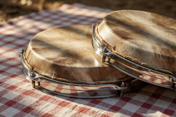 Macro detail photograph of natural rawhide bongo drumheads and chrome tuning rims resting on a sunlit picnic cloth