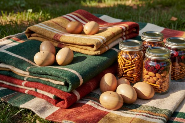 Close-up detail of folded woven picnic blankets, wooden egg shakers, and sealed glass snack jars
