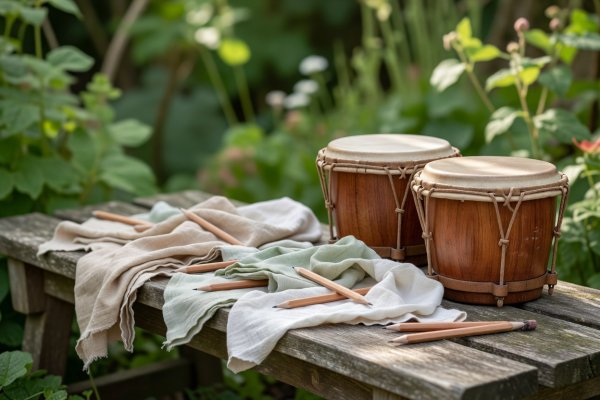 Shallow depth of field photograph of linen napkins, wooden pencils, and bongo drums on a garden bench