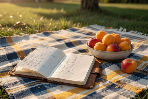 Close detail of an open pocket notebook with handwritten afternoon times beside a bowl of apricots on a picnic rug