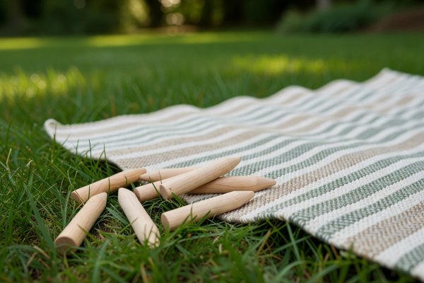 Shallow depth of field close-up of birch wood tossing pins resting beside a woven cotton picnic rug on green grass